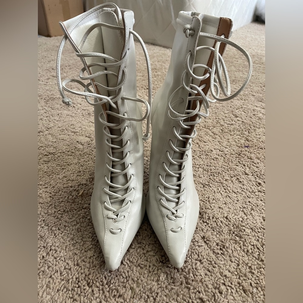 Schutz - Tennie Pearl Pointed-Toe Lace-Up Mid-Calf Boots